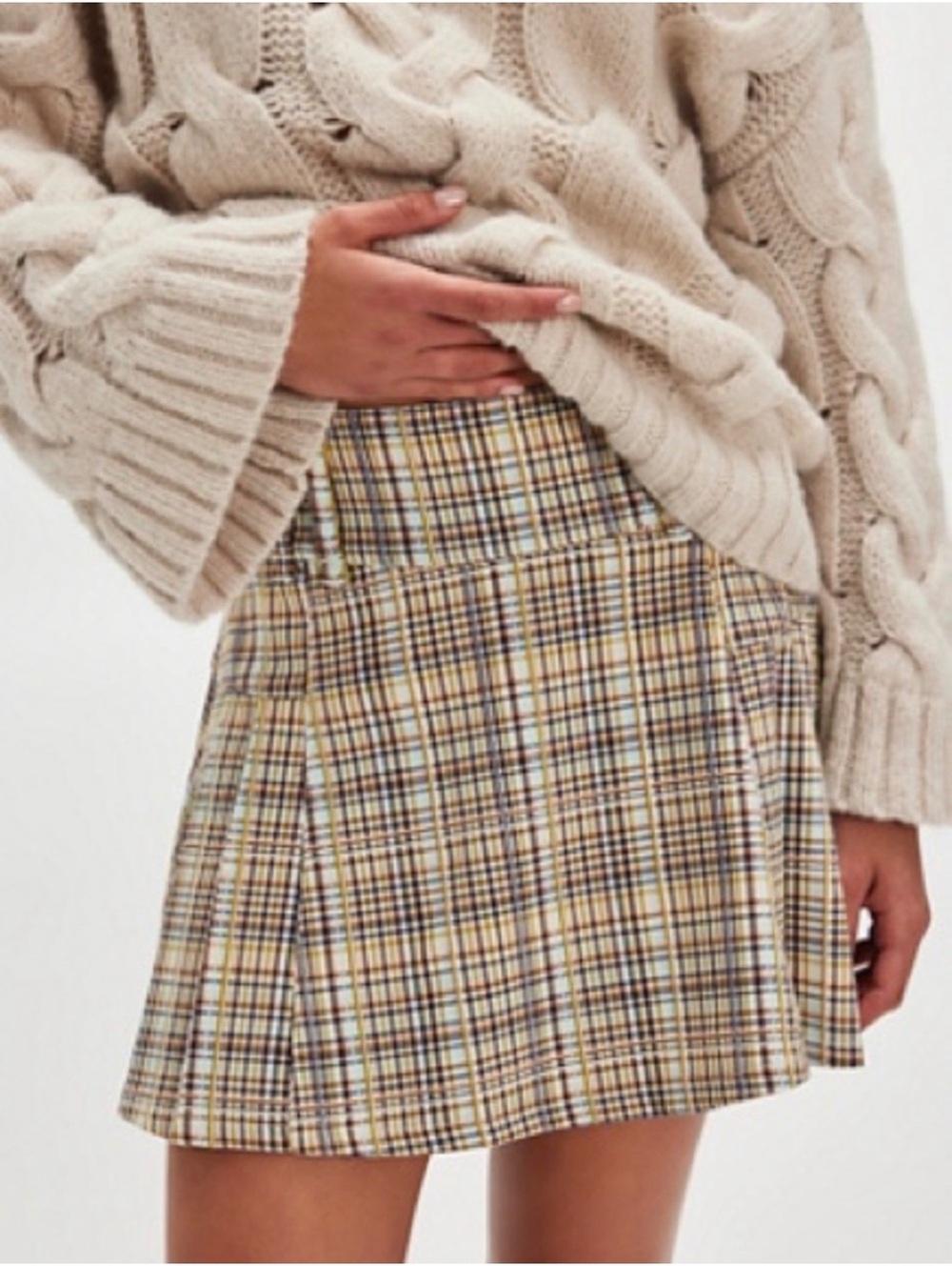 NWT Free People Midtown Cavalry Plaid Pleated Mini Skirt Ivory Combo Size 6